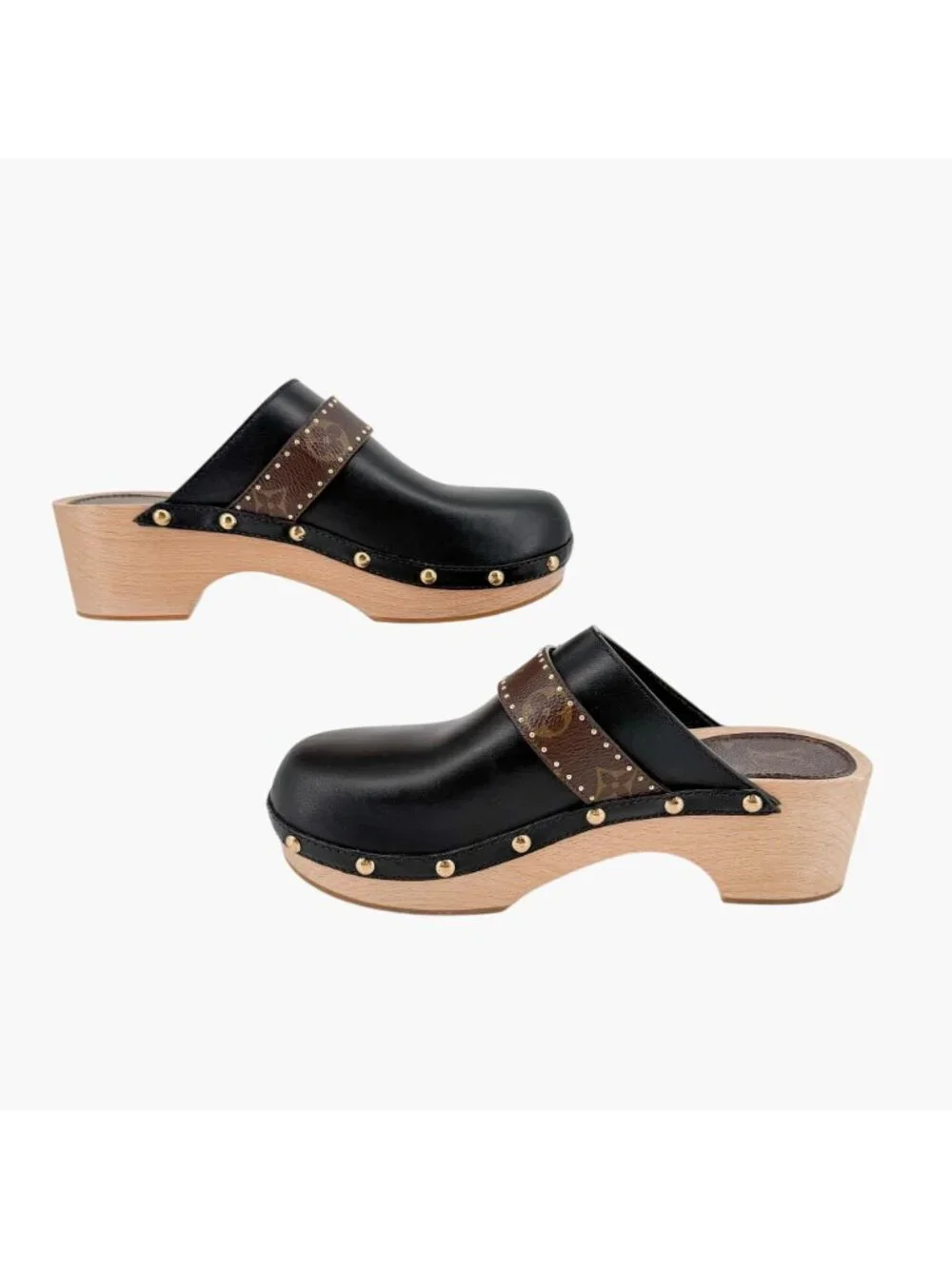 Louis Vuitton LV Cottage Mule Clogs Black Leather Size 39 US 9 Women's Wooden